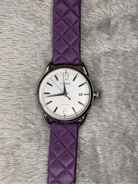 Citizen Echo Drive Silver Dial Watch with Purple Quilted Leather Strap